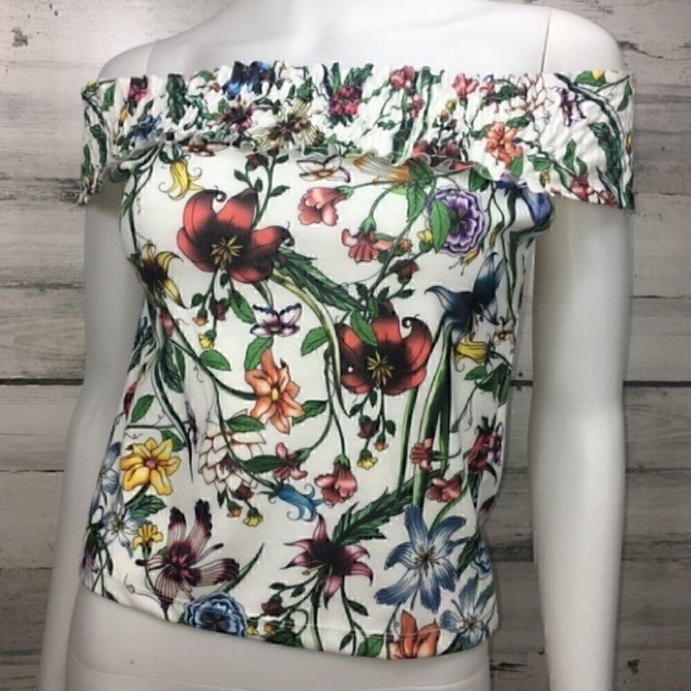Zara Trafaluc floral off shoulder crop top, Small